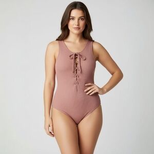 Tularosa Ribbed Lace-Up Thong Bodysuit - Boho Festival Chic  - Size M